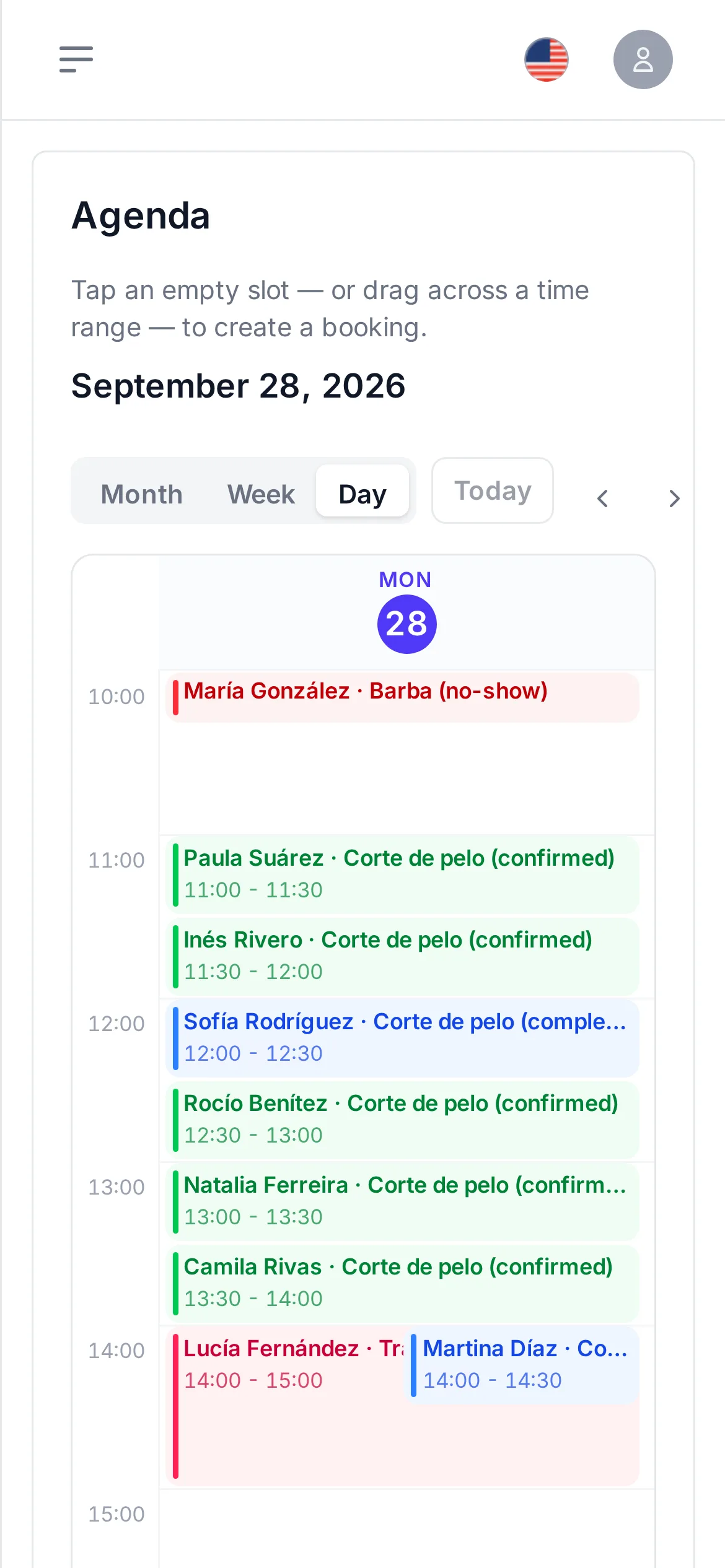 The day's agenda on a phone, with each appointment, its client, its service and its status.