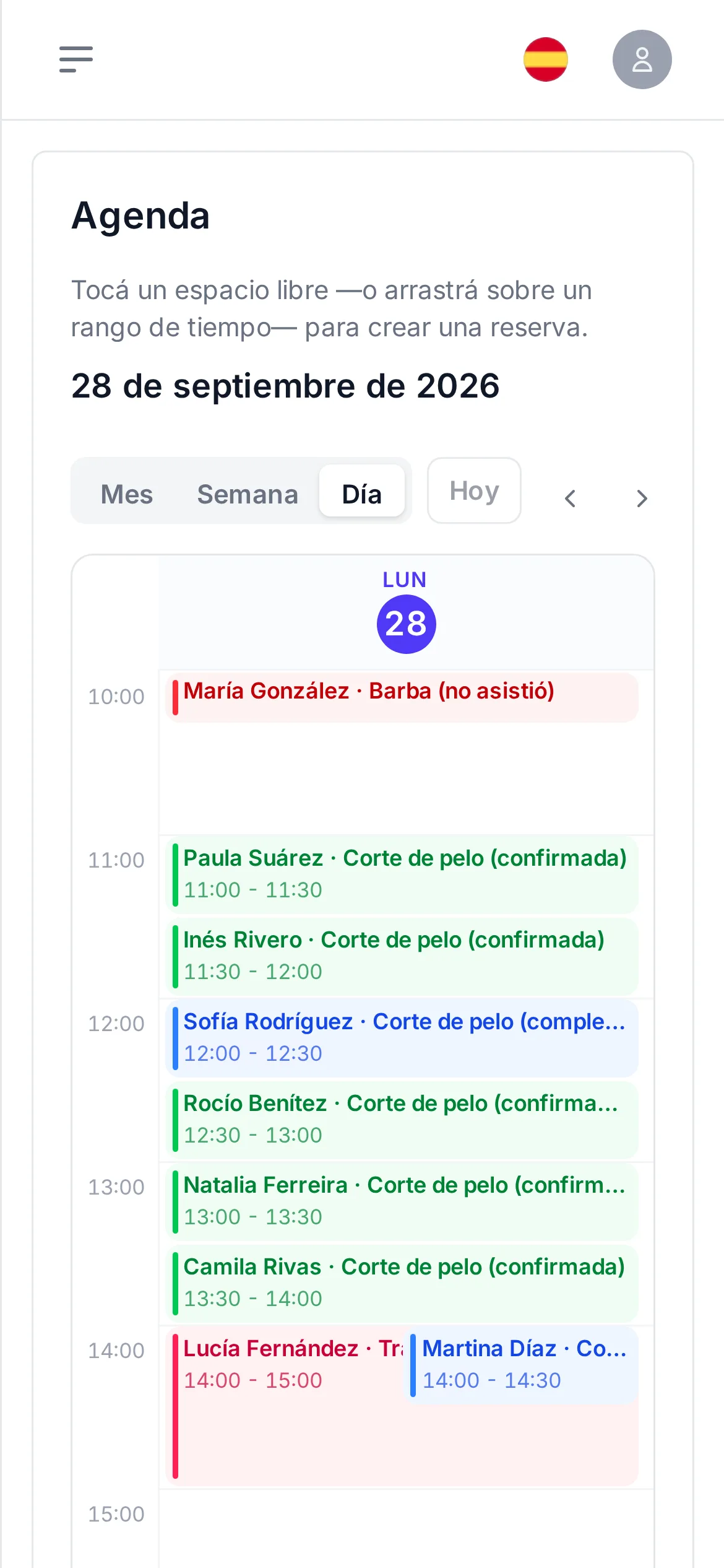 La agenda del día en el celular, con cada turno, su cliente, su servicio y su estado.